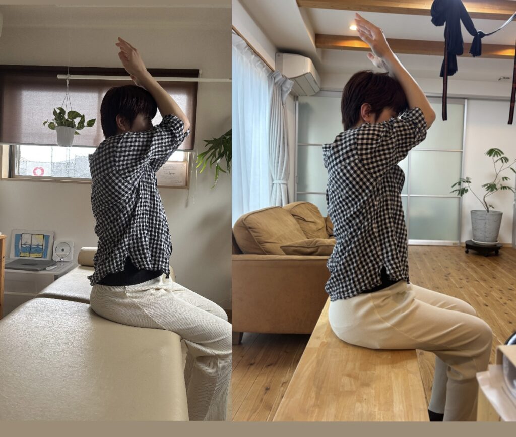 鳥栖整体サロンcococaraでの施術風景。ビフォーアフター画像があり、腕の角度が上に上がり、背骨の可動性が高まった。