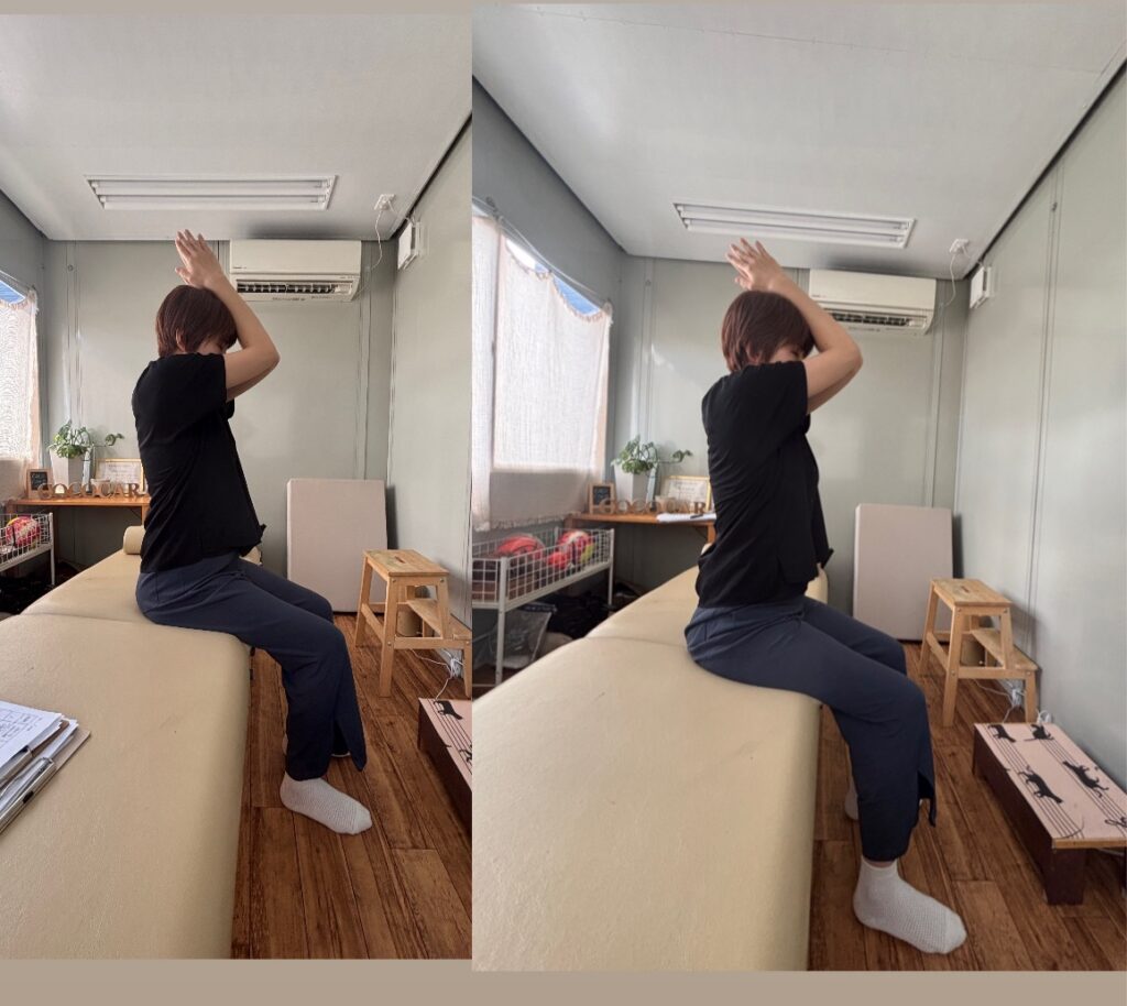 鳥栖整体サロンcococaraでの施術風景。ビフォーアフターの写真。3回目の施術で、さらに胸椎・腰椎の可動性が上がりました。体がスッキリし、心にも余裕が出ました。筋膜の動きが滑らかになり、排便もスムーズに。